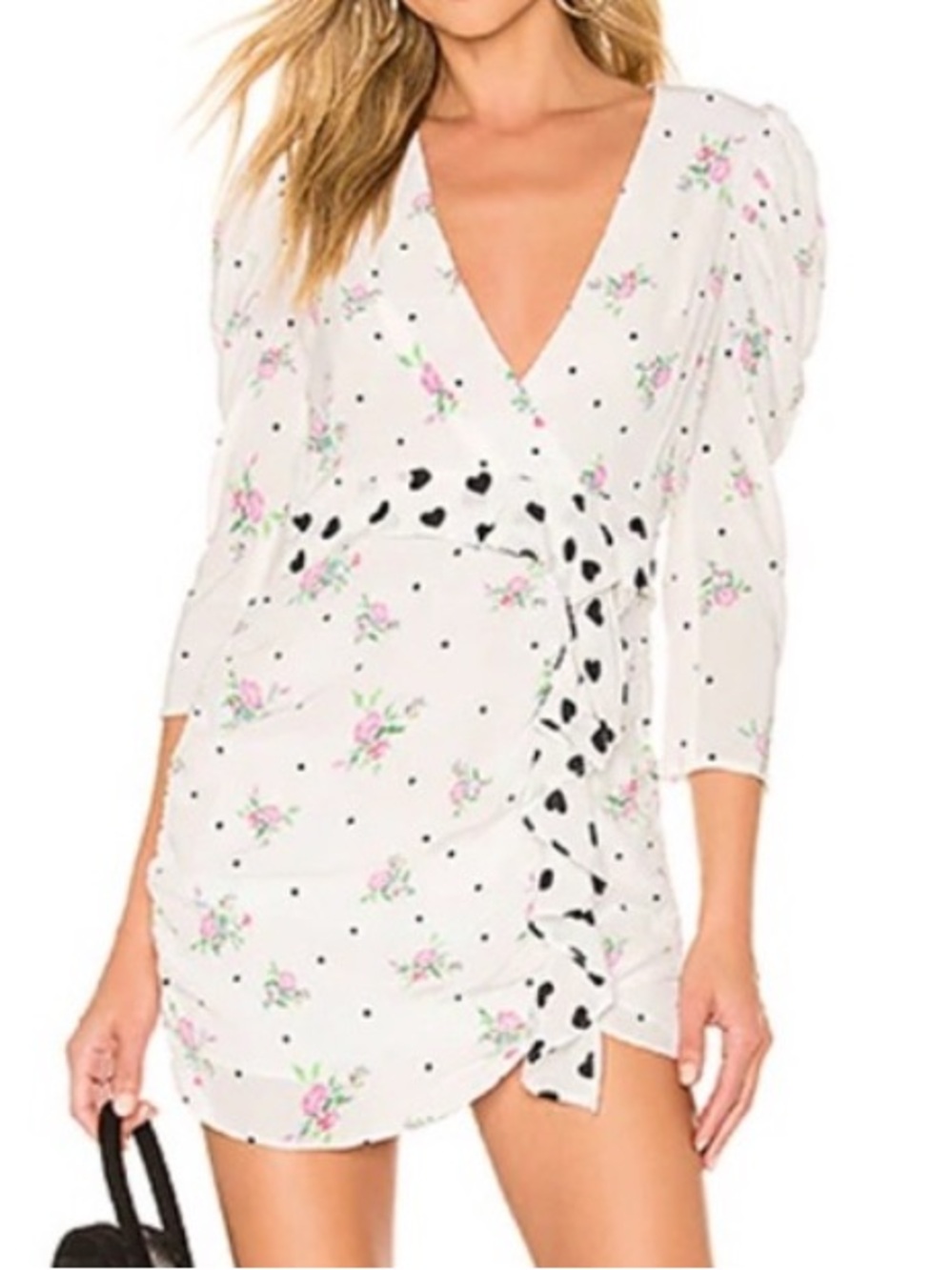 For Love & Lemons Mabel Mini Dress white floral and polka dot heart print Sz XS